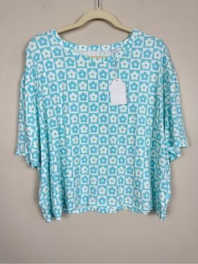 Silks Pajama Top Womens XXL Bamboo Blue White Checkered Floral Boho Hippie NWT